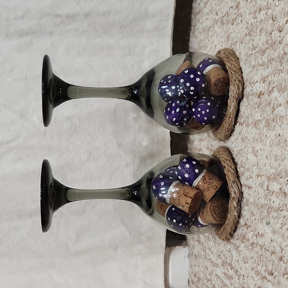 Hand Crafted Black Tinted Wine Glass 2 Candle Holders Purple Toadstools - Picture 5 of 7